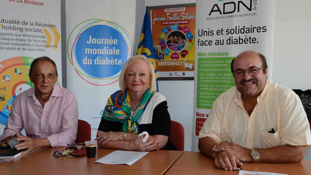 De gauche à droite : Théodore Hoarau, Président de la Mutualité de la Réunion, Aude Palant Vergoz, Présidente de l’UCOR et Philippe Doki Thonon, Président de l’Association Diabète Nutrition 974
