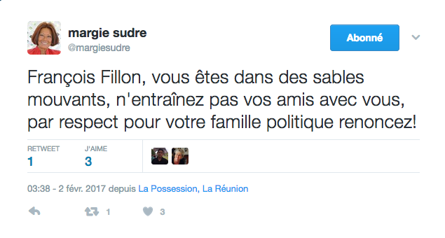 Margie Sudre: “François Fillon n’a même pas la noblesse de se retirer immédiatement“