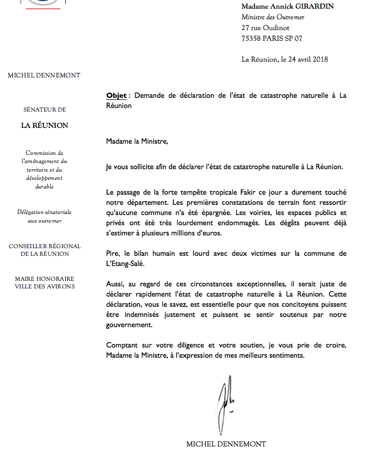 Michel Dennemont demande la déclaration de l’état de catastrophe naturelle à La Réunion
