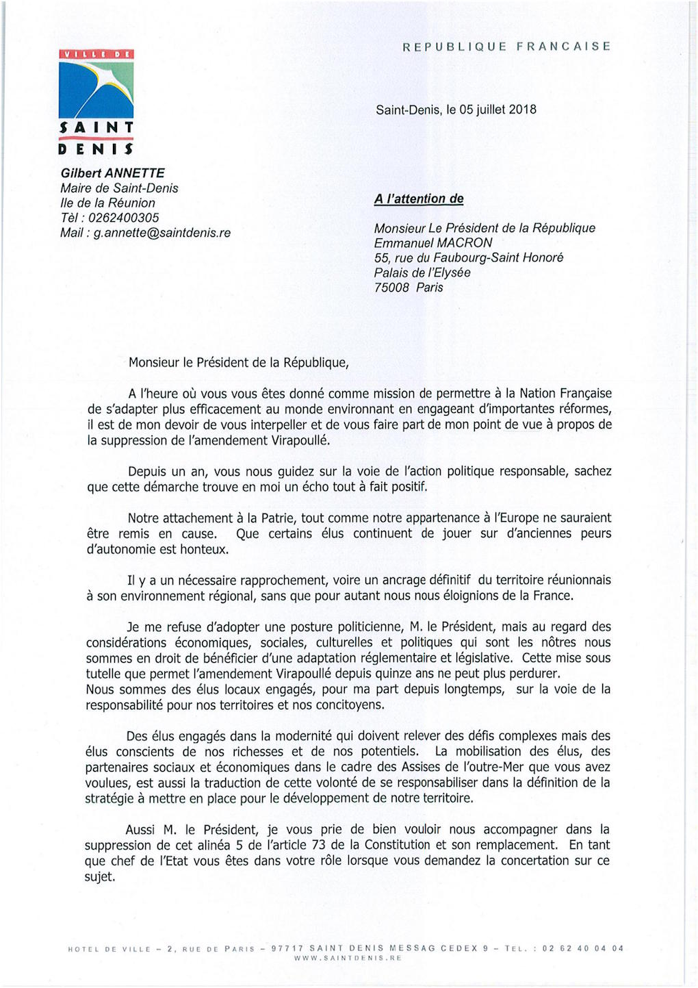 Gilbert Annette interpelle Emmanuel Macron sur l'amendement Virapoullé