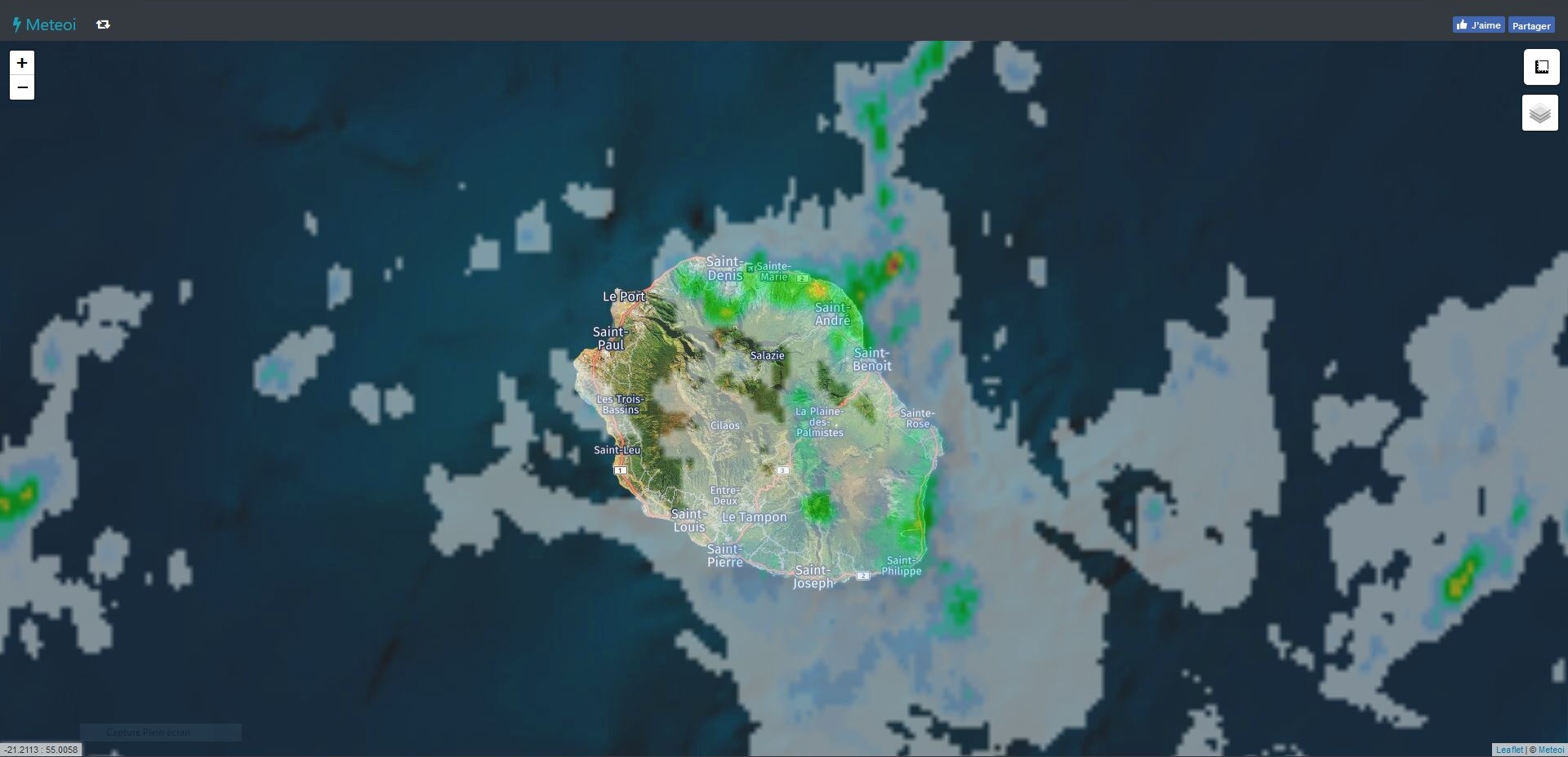 Image radar de 16h05. https://www.meteoi.re/