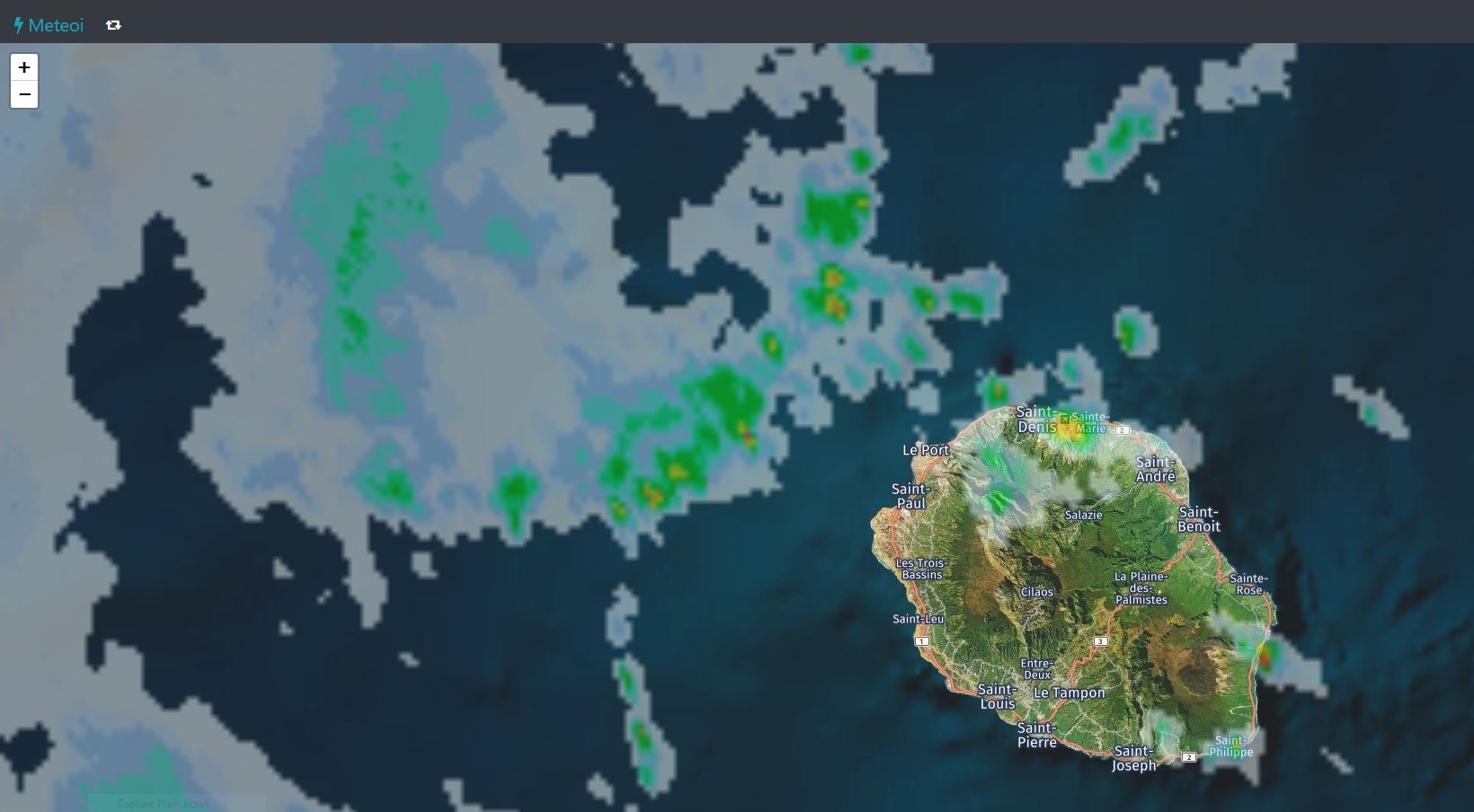 Radar de Météo France à 11h20. Des nuages plus actifs arrivent par le nord ouest. Crédit https://www.meteoi.re/