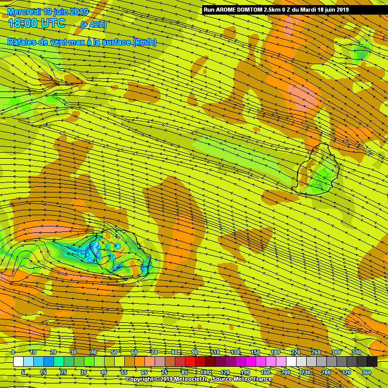 Simulation du modèle Arome en fin de journée de Mercredi. Renforcement des vents dans le voisinage immédiat des Iles Soeurs. METEO FRANCE