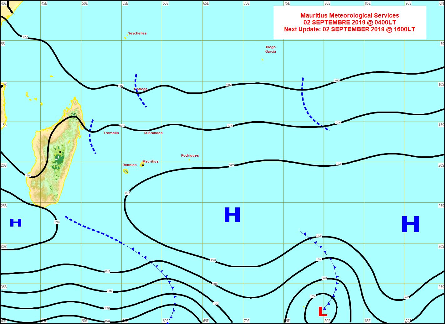 Carte d'analyse de surface. Les vents sont faibles sur les Iles Soeurs. MMS