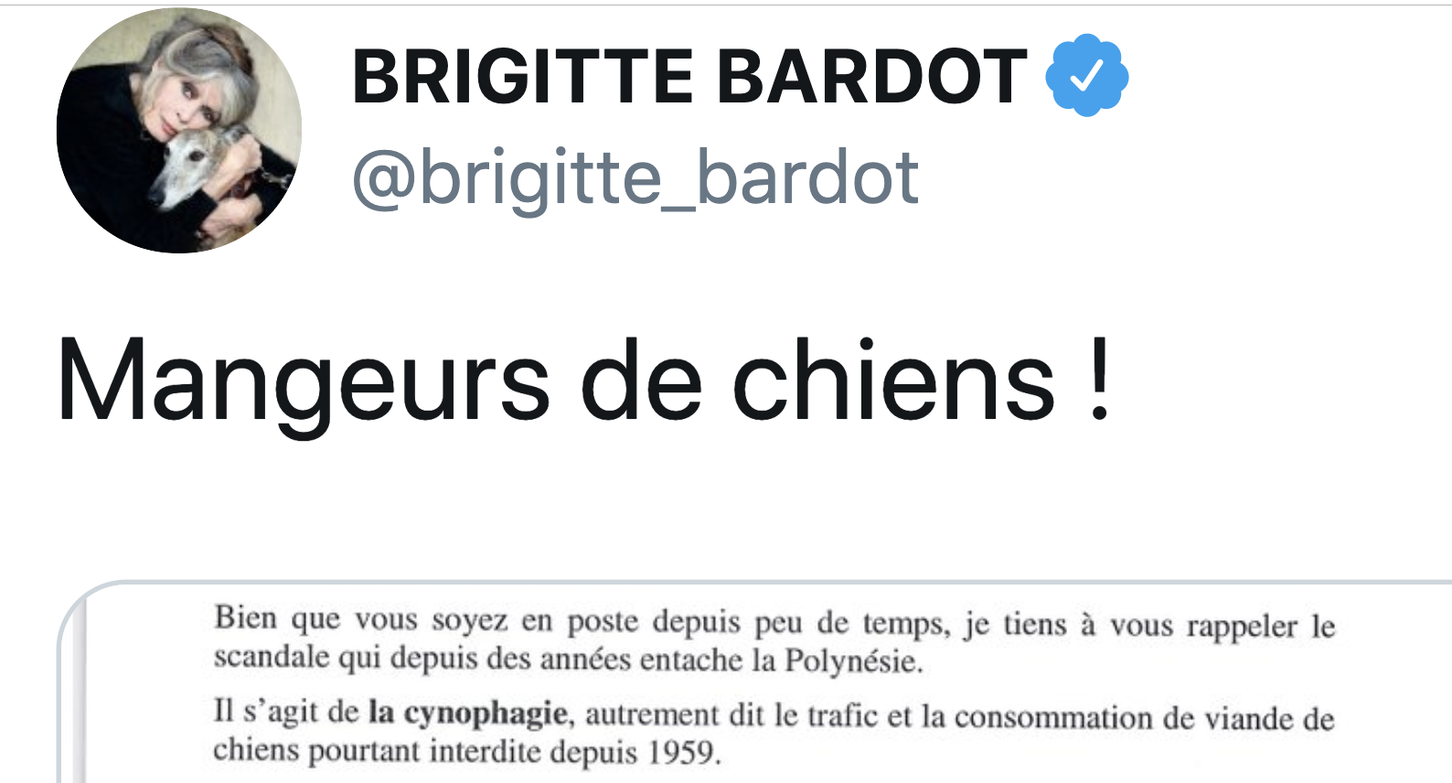 Brigitte Bardot interpelle les pouvoirs publics sur la consommation de chiens en Polynésie française