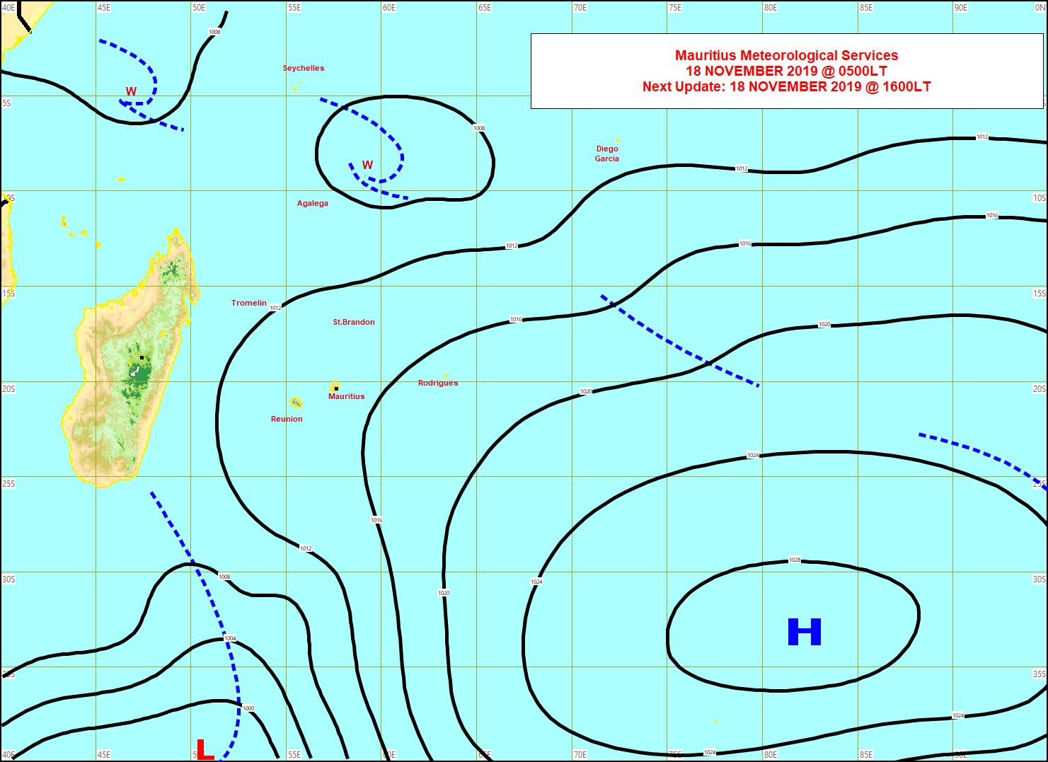 Un système frontal passe au large au Sud-Ouest de la Réunion. Instabilité vers Agaléga. MMS