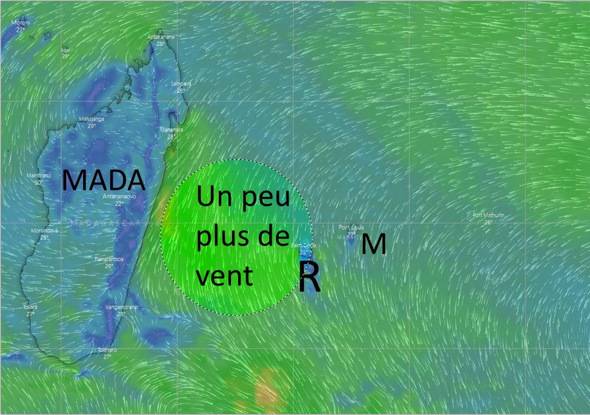 D'ici vendredi on peut espérer un peu plus d'air sur la Réunion avec un vent un peu plus présent sur les faces Ouest et Est surtout. Mais les températures resteront au dessus des normales de Novembre. Simulation du modèle européen. WINDY