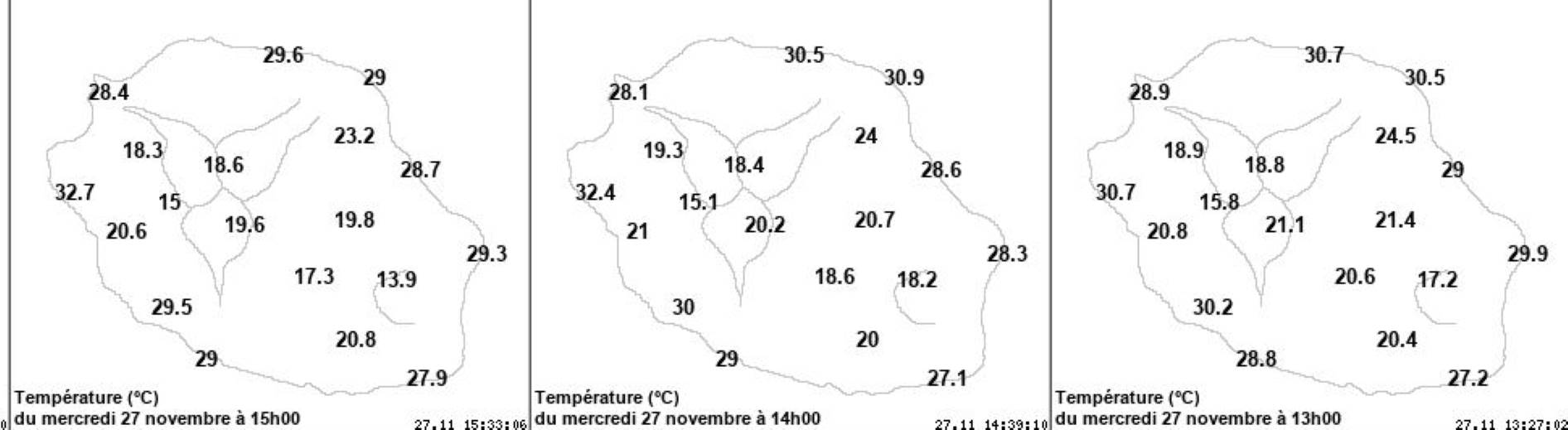 32.7° à la Saline soit plus de 2° au dessus de la normale pour Décembre. A noter aussi 31° au Colosse et plus de 30° à Gillot. METEO REUNION