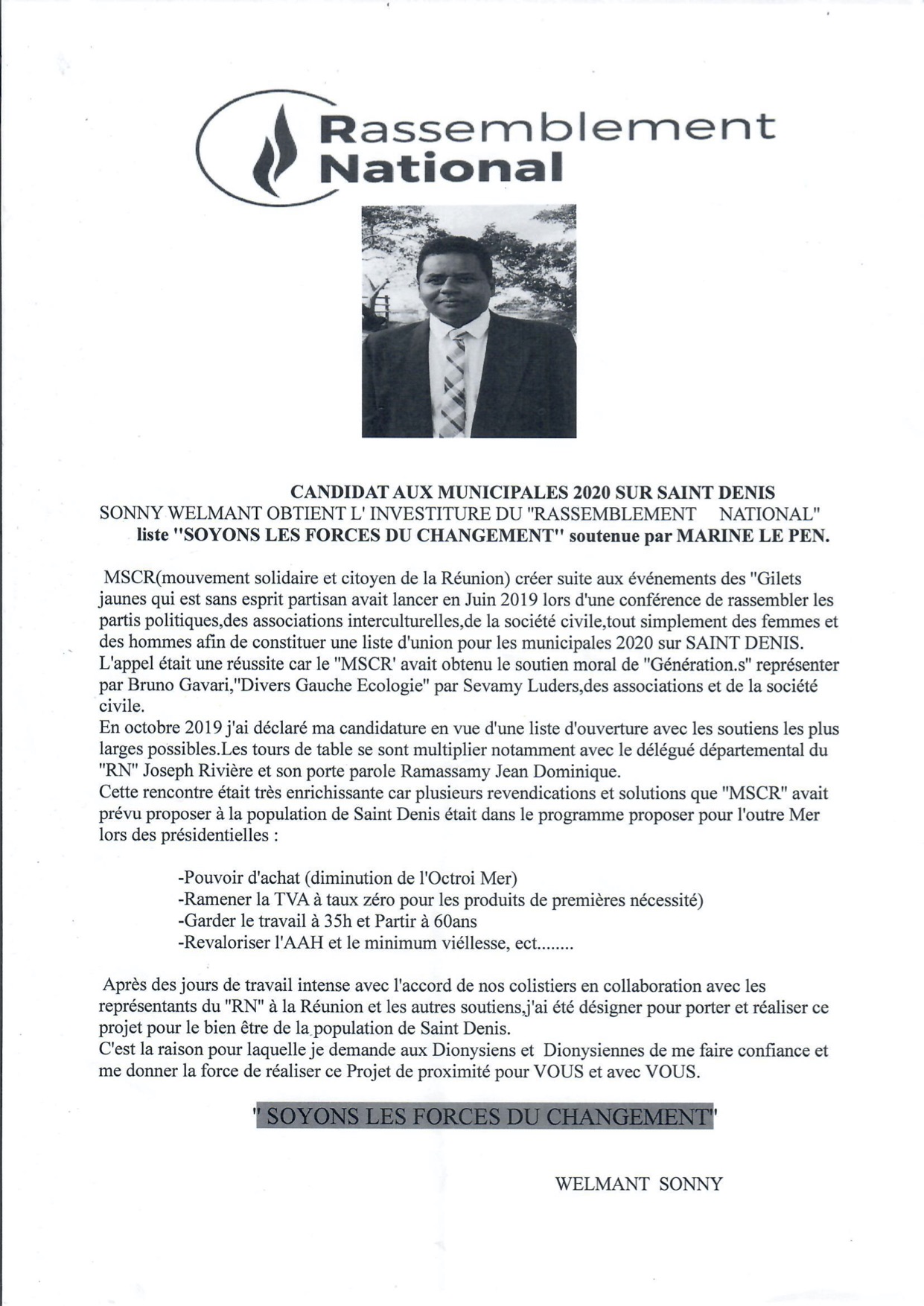 St-Denis: Sonny Welmant obtient l'investiture du Rassemblement national