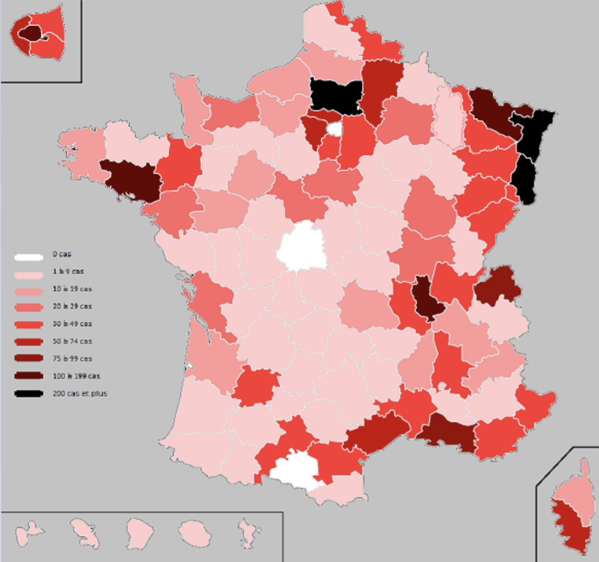 Carte des cas de coronavirus dans chaque département français au 13 mars 2020