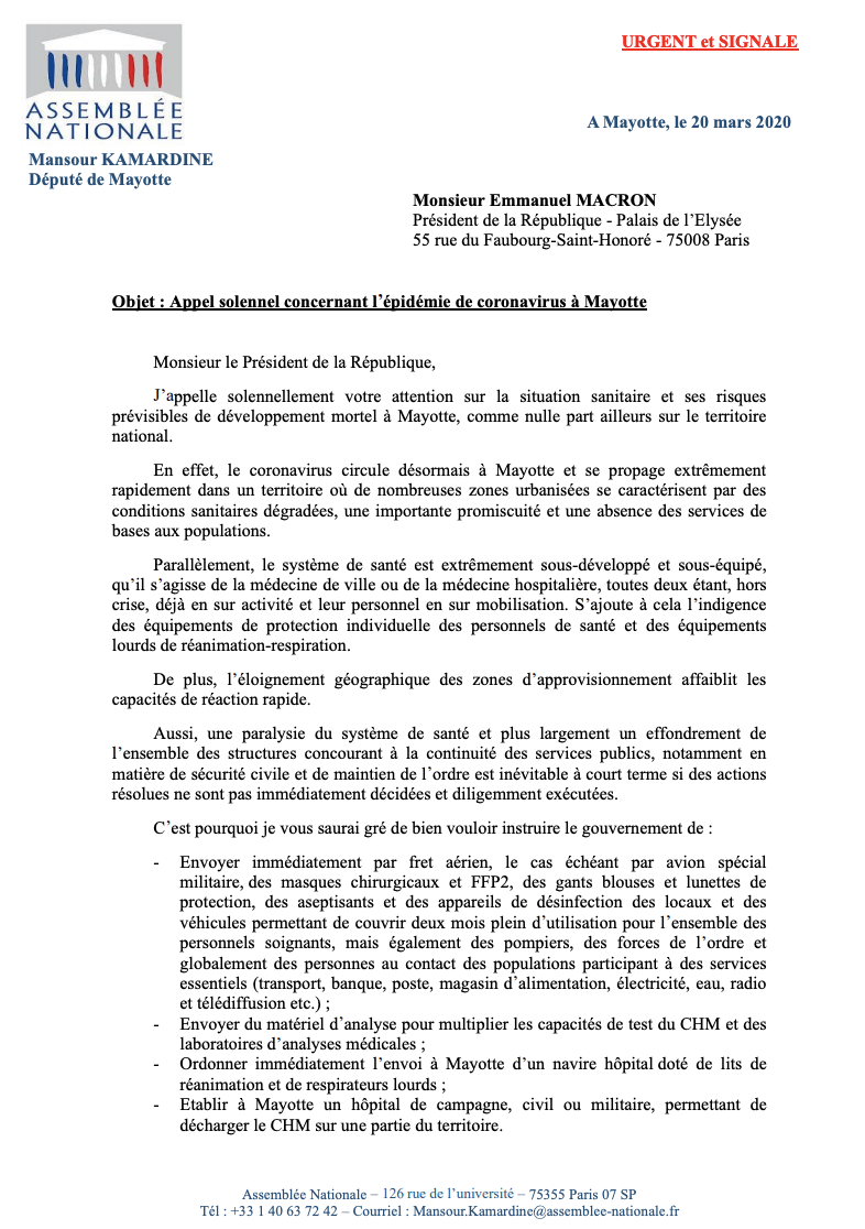 Coronavirus : Le député de Mayotte Mansour Kamardine interpelle Macron