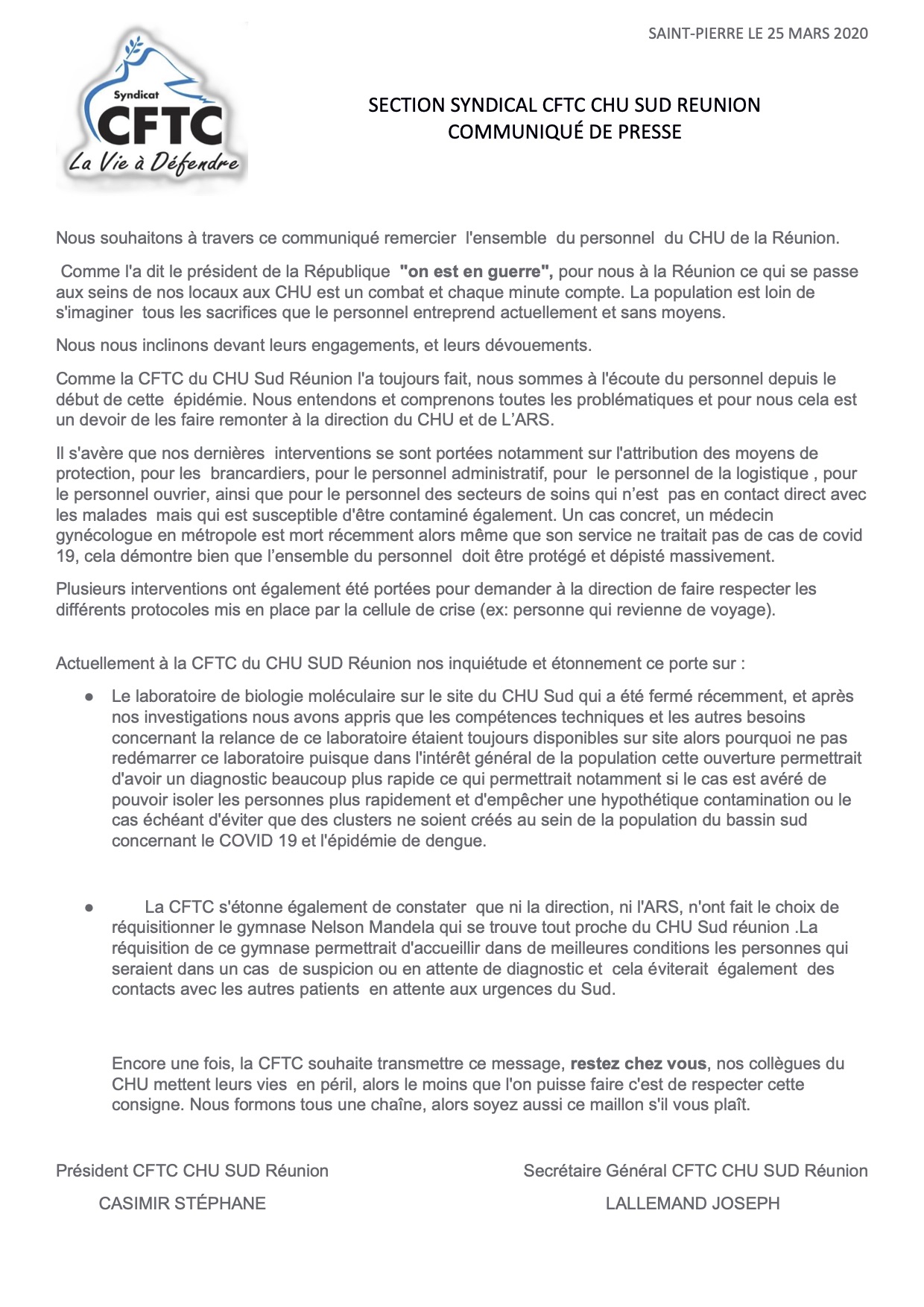 La CFTC CHU Sud réclame la mise à disposition du gymnase Nelson-Mandela pour le dépistage du covid