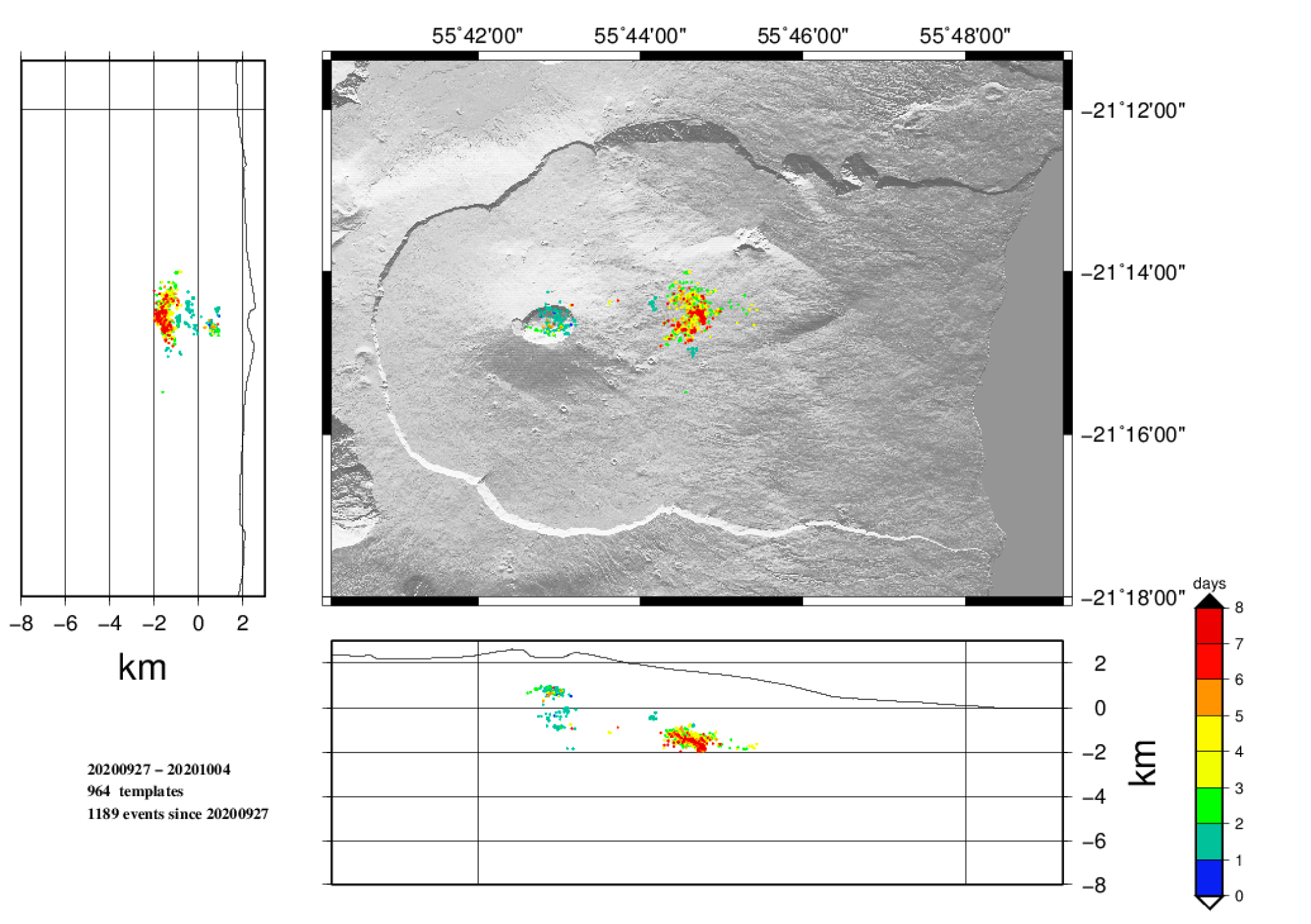 Légende Figure 1 : Carte de localisation (épicentres) et coupes nord-sud et est-ouest (montrant la localisation en profondeur, hypocentres) des séismes enregistrés et localisés par l’OVPF-IPGP entre le 26/09/2020 et le 04/10/2020 sous le massif du Piton de la Fournaise. Seuls les séismes localisables ont été représentés sur la carte (© OVPF-IPGP).