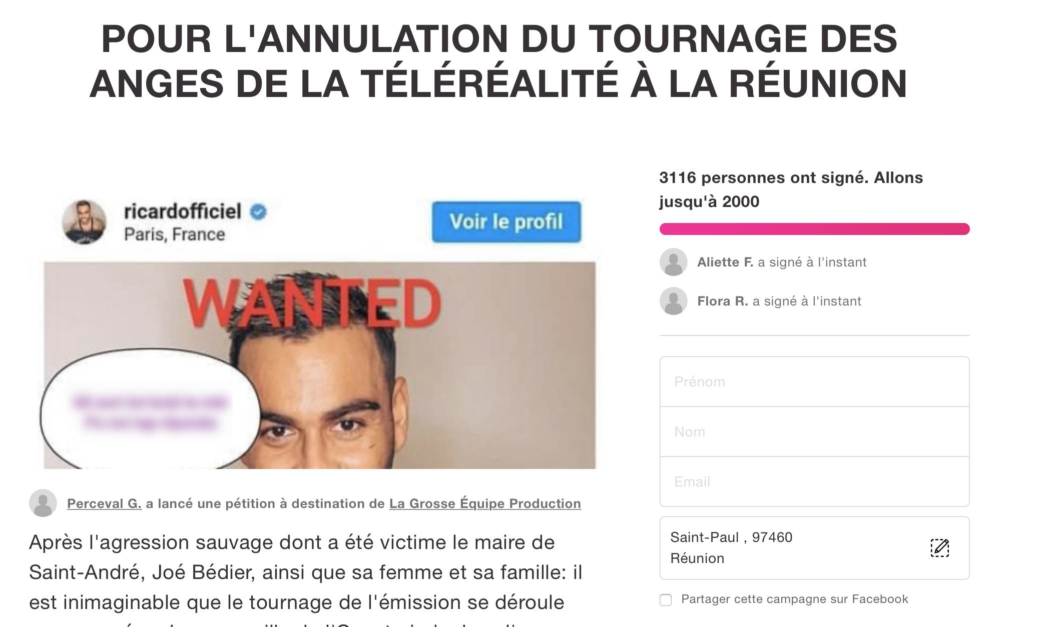Une pétition réclame l'annulation du tournage des Anges de la Téléréalité à La Réunion