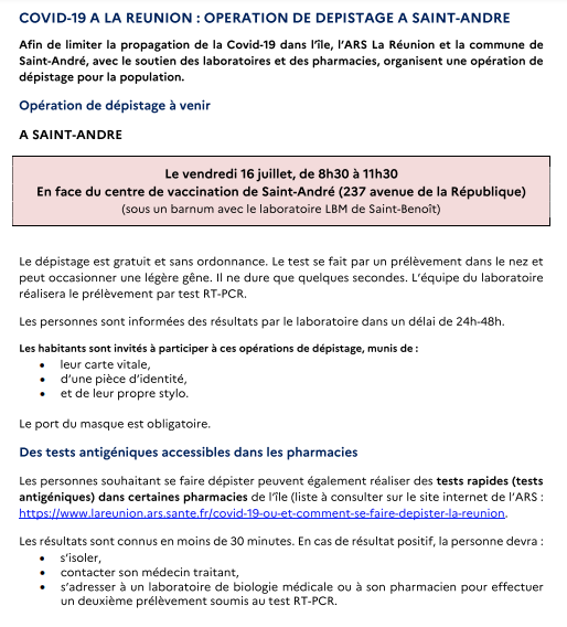Covid-19 : Opération de dépistage à Saint-André