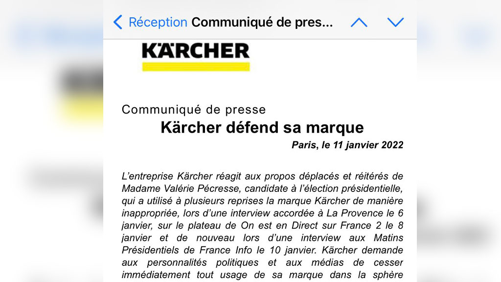 Présidentielle 2022 : Kärcher demande à Valérie Pécresse de ne pas utiliser sa marque