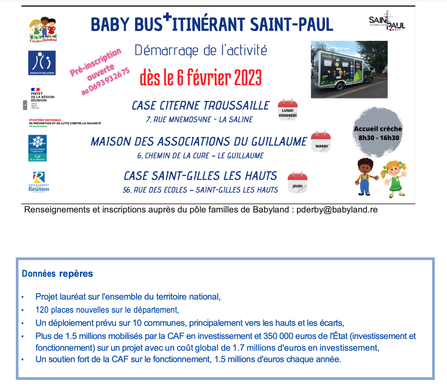 Ouverture le 6 février 2023 du Baby Bus+ itinérant à Saint-Paul.