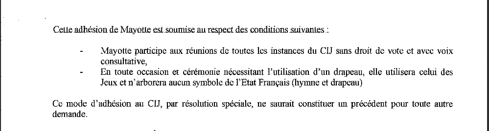 Copie de la Charte des Jeux des Iles précisant que Mayotte s'interdisait de défiler derrière le drapeau français (cliquer sur la photo pour l'agrandir)
