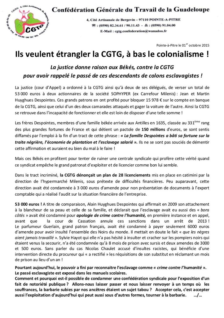 Déclaration de la CGTR en solidarité avec la CGT de la Guadeloupe