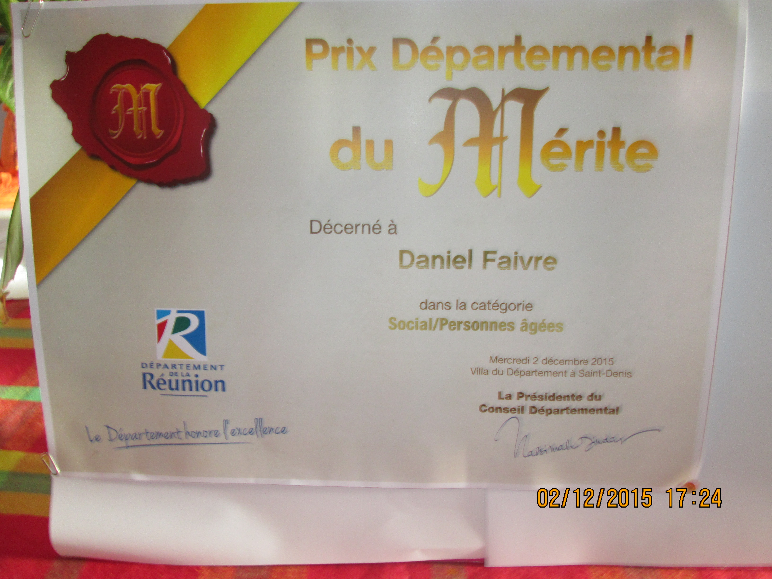 Daniel Faivre récompensé du prix départemental du mérite