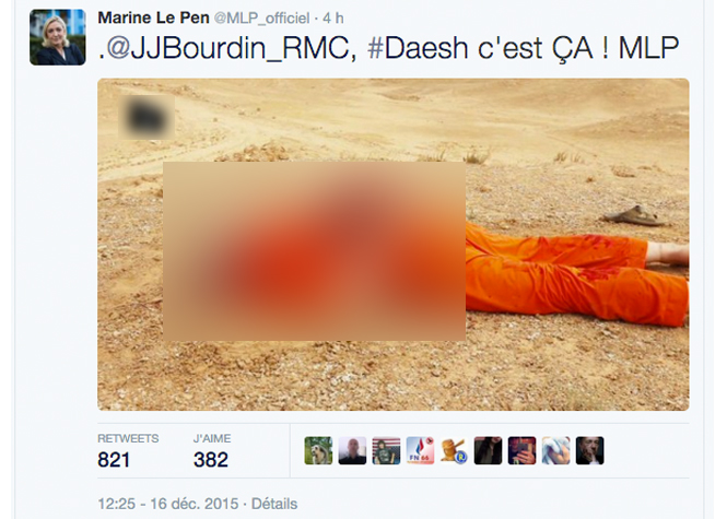 La présidente du FN a relayé des photos d'exécution de Daesh circulant sur la toile