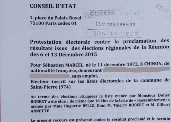 La première page du recours devant le Conseil d'Etat de Sébastien Marcel contre l'élection d'Huguette Bello