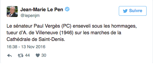 Jean-Marie Le Pen accuse Paul Vergès d'avoir tué Alexis de Villeneuve