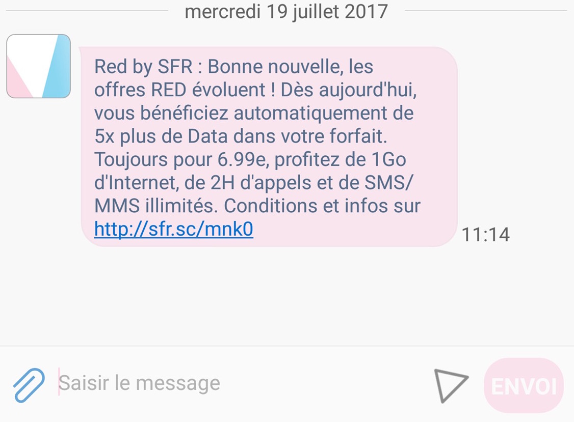 Un sms annonçant que l'enveloppe de data augmente