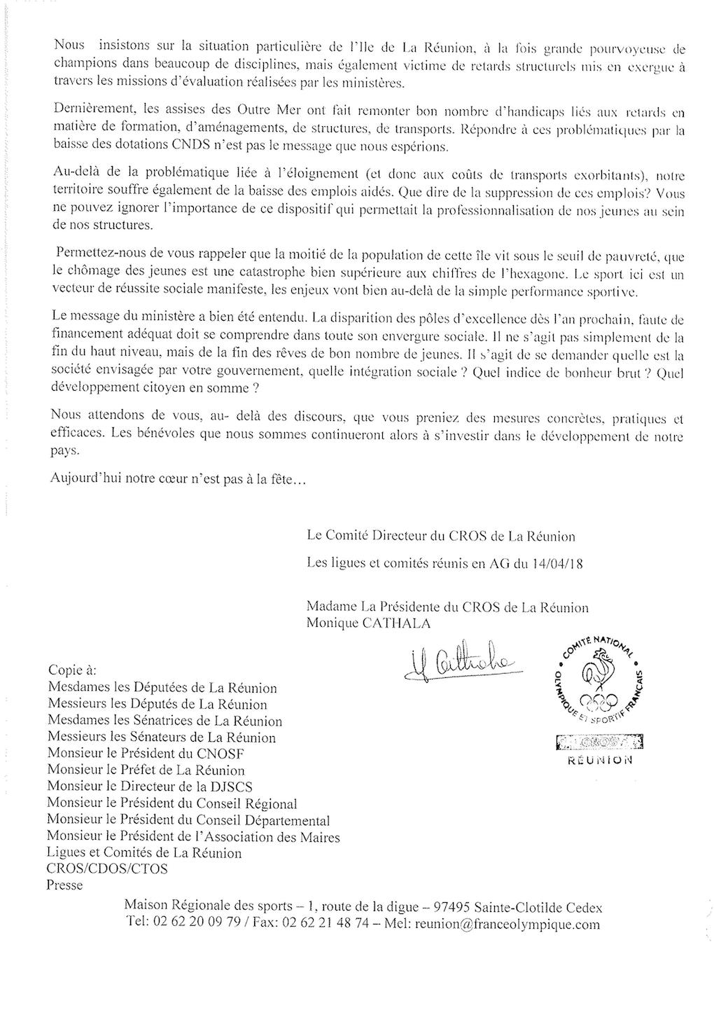 Le CROS Réunion interpelle le président de la République et ses ministres