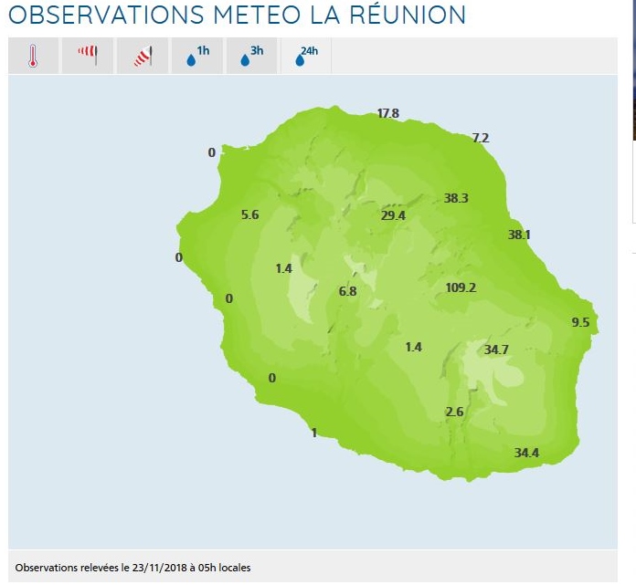 Pluies en 24h à 05h ce matin dans les stations de Météo France Réunion.