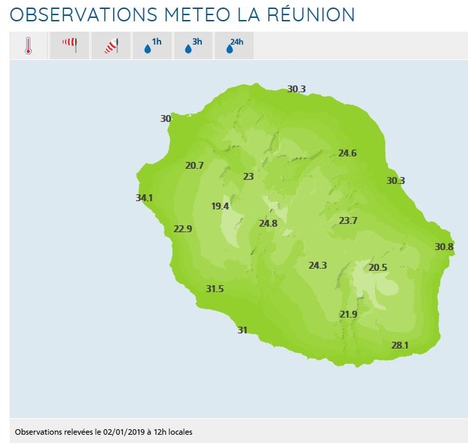 A midi 34.1°C sous abri à la Pointe des 3 Bassins(la Saline). Stations et carte de Météo France Réunion.