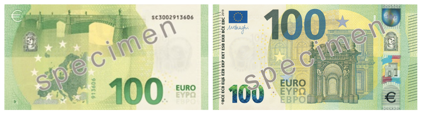 à droite : le nouveau billet de 100 euros qui entre en circulation
