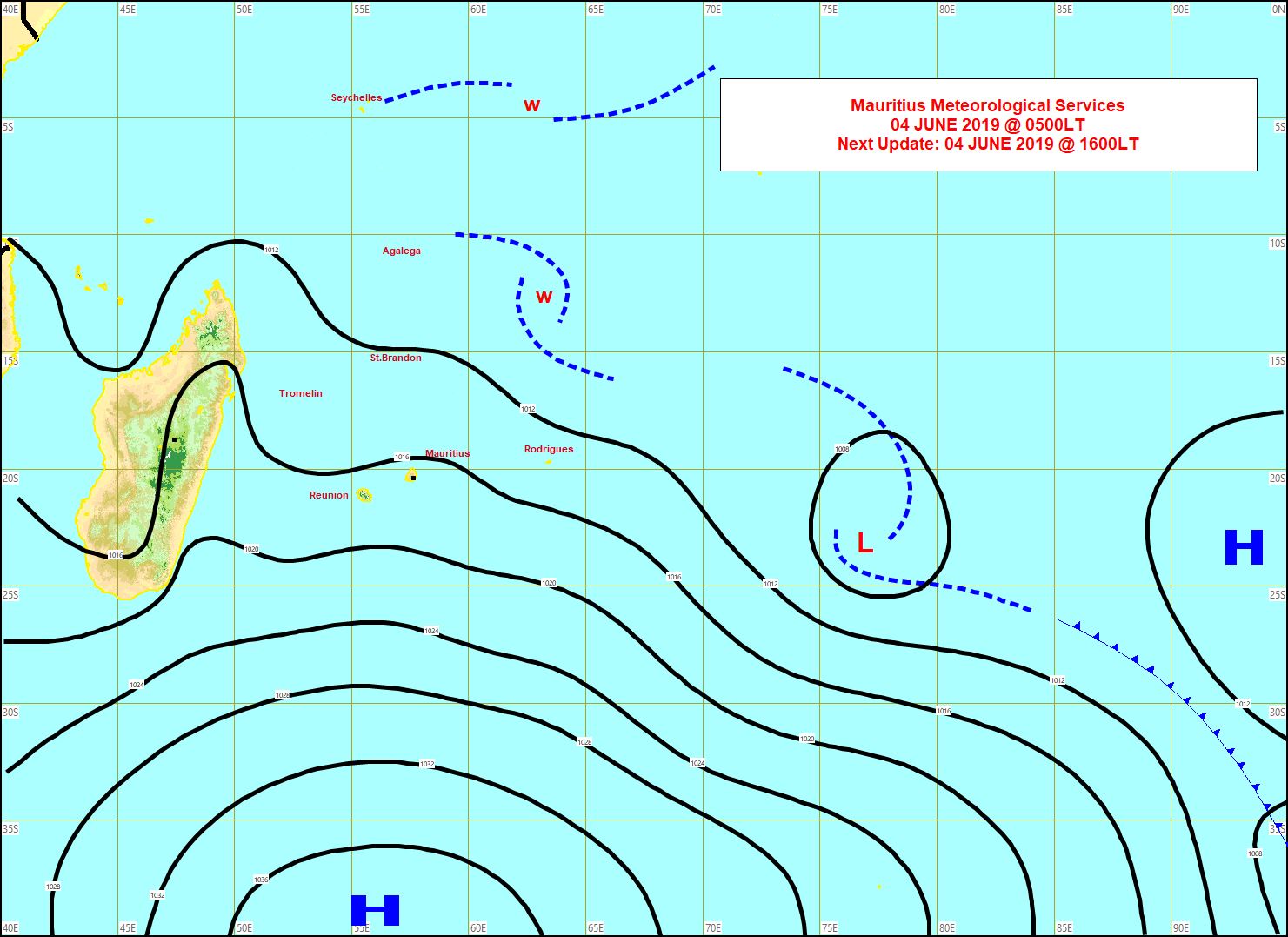 Analyse de la situation en surface à 4heures. L'anticyclone(H) est positionné au sud des Mascareignes et se décale lentement vers l'est. Les vents restent soutenus sur notre région et la mer houleuse. MMS