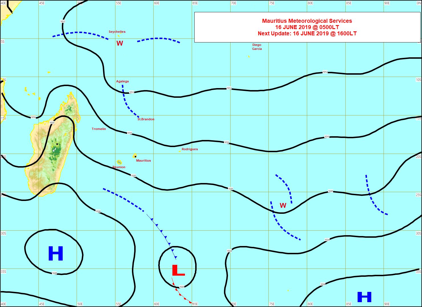 Analyse de la situation de surface ce matin. Un anticyclone(H) modéré vient se positionner au sud des Mascareignes et renforce un peu l'alizé mais sans excès. MMS