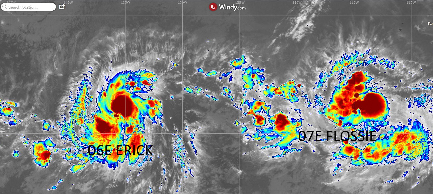 Sur la gauche la forte tempête tropicale ERICK(06E). 2300km plus à l'Est évolue la tempête tropicale modérée FLOSSIE(07E).