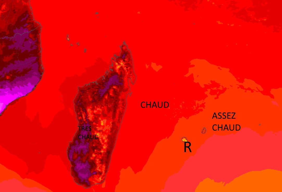 La Réunion et les Mascareignes relèvent des températures parfois nettement au dessus des normales depuis quelques jours. On remarque sur la carte que de l'air plus chaud(rouge) se trouve juste au Nord Ouest des Iles Soeurs. Mais ce sont surtout certaines parties de MADA qui souffrent d'une grande chaleur et d'un temps très sec. Arome.MCIEL.METEO FRANCE