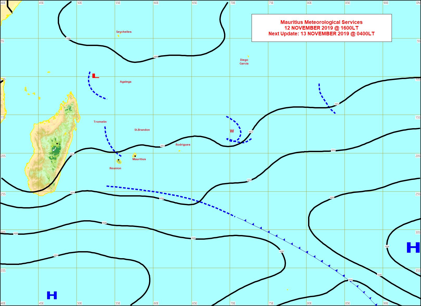 En cette fin d'après-midi de mardi une ligne d'instabilité se trouve au Nord de la Réunion. La limite frontale est toujours au Sud des îles soeurs. MMS
