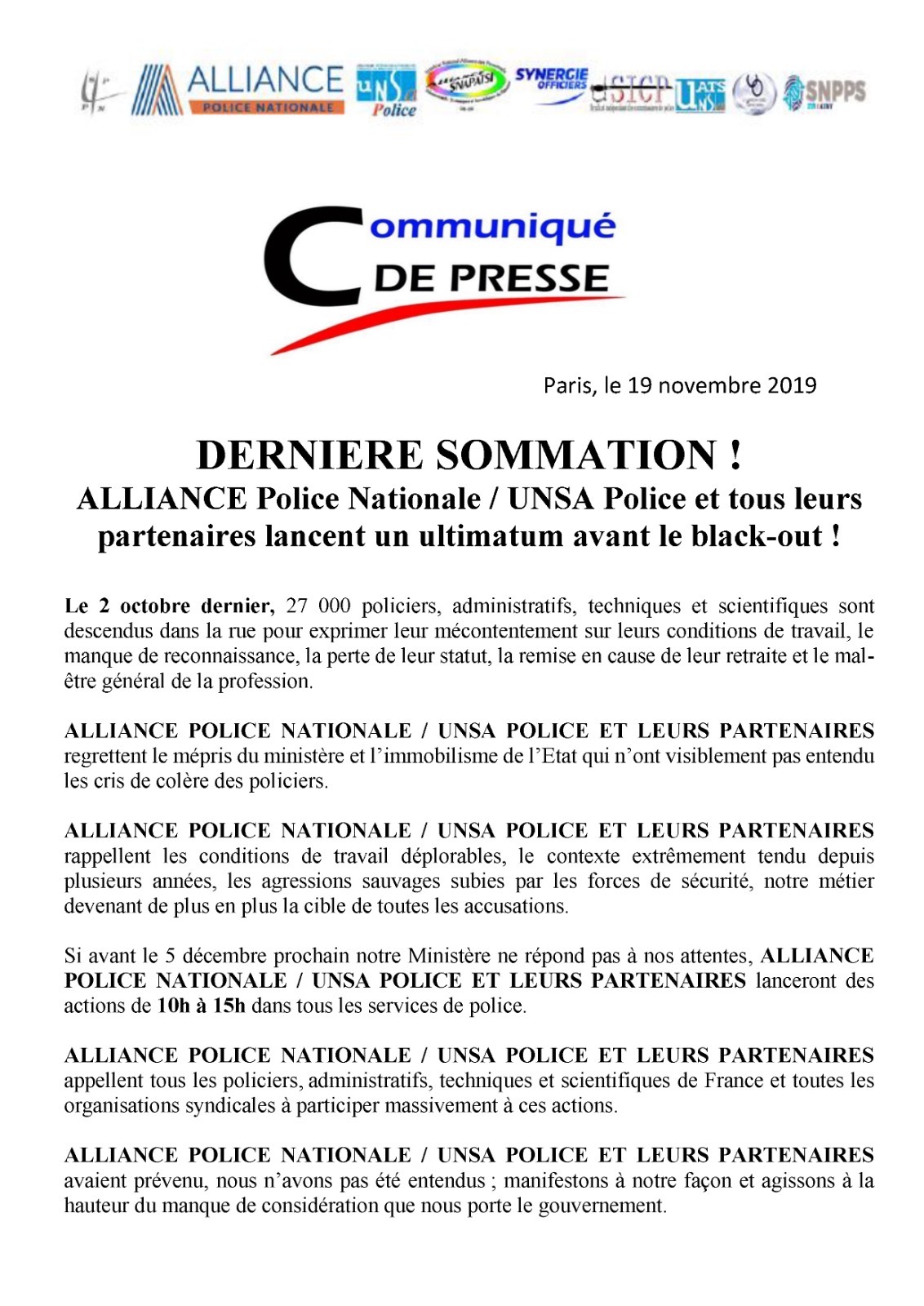 Grève du 5 décembre: Alliance Police Nationale lance un ultimatum