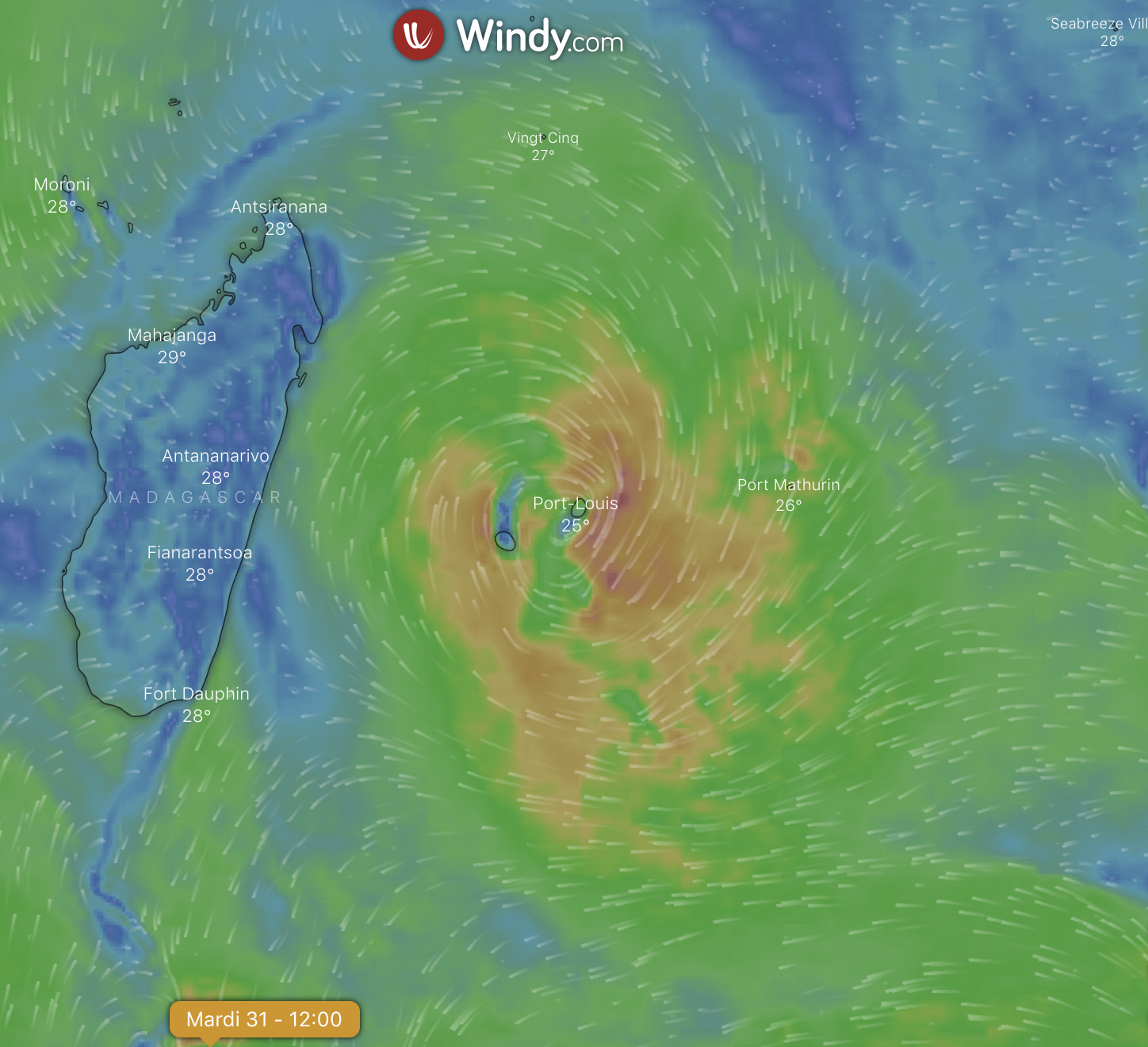 Les modélisations du site Windy pour le mardi 31 décembre feraient passer la probable tempête sur les Mascareignes