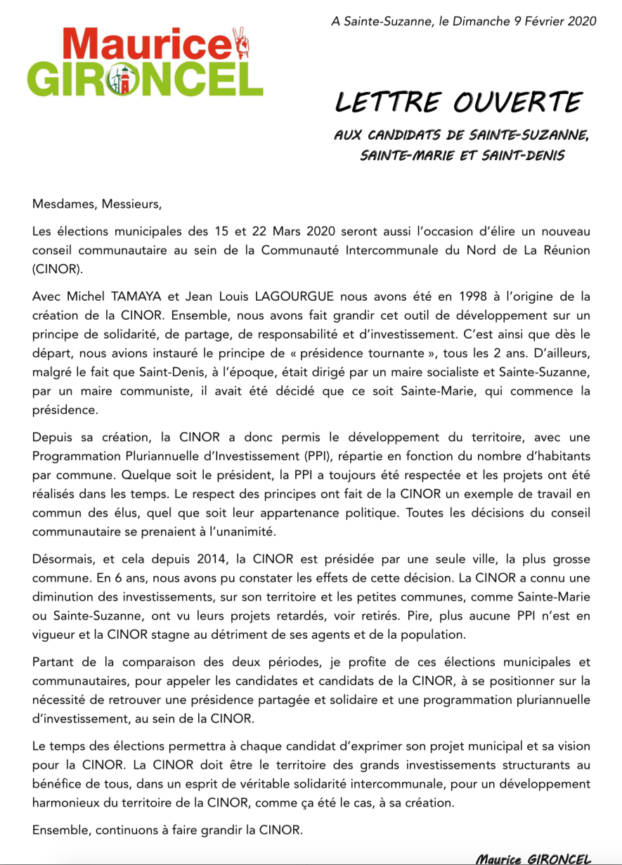 Maurice Gironcel :  Lettre ouverte aux candidats de Ste-Suzanne, Ste-Marie et St-Denis