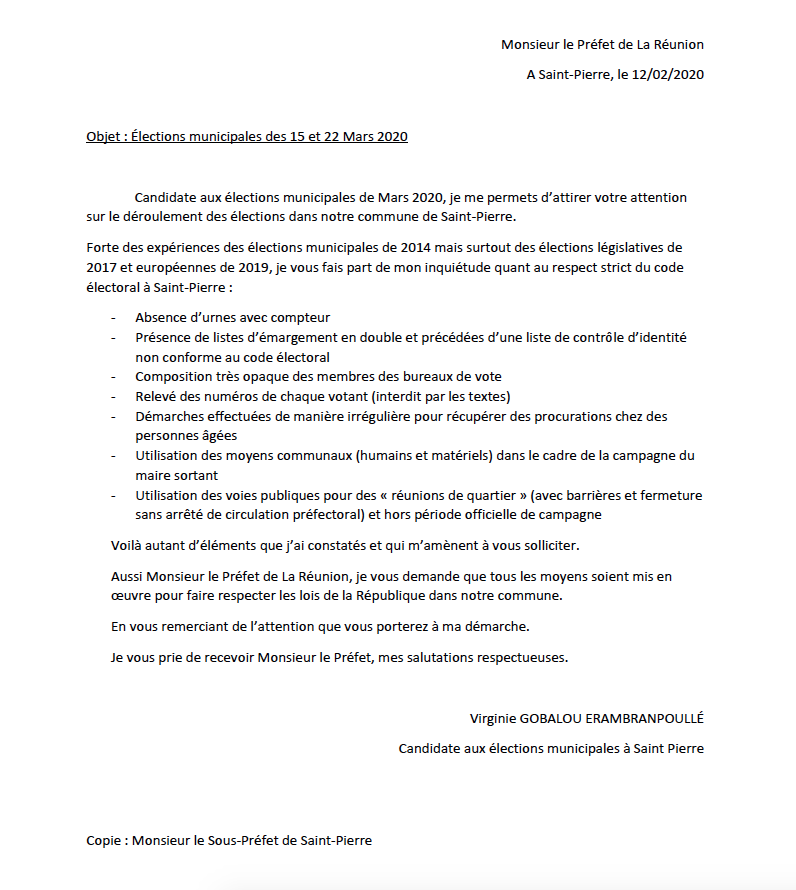 Virginie Gobalou alerte le préfet quant au non-respect du code électoral à St-Pierre