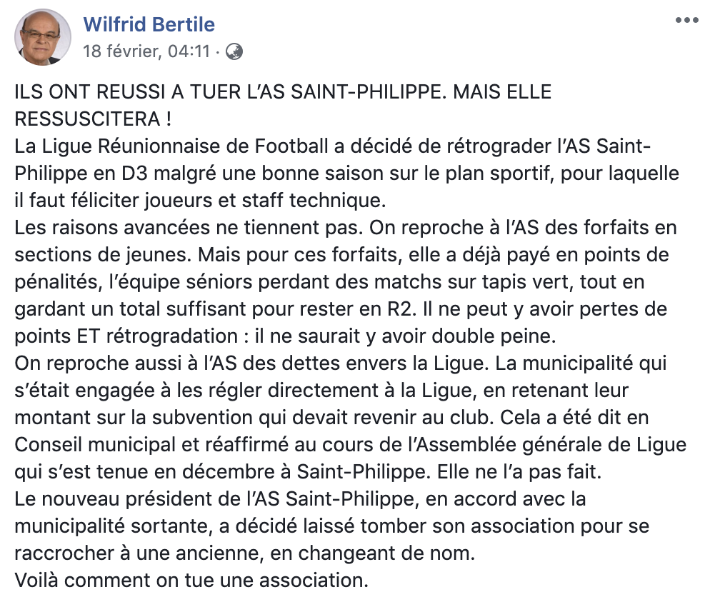 Wilfrid Bertile reproche à Olivier Rivière d'avoir fait couler le club de Saint-Philippe