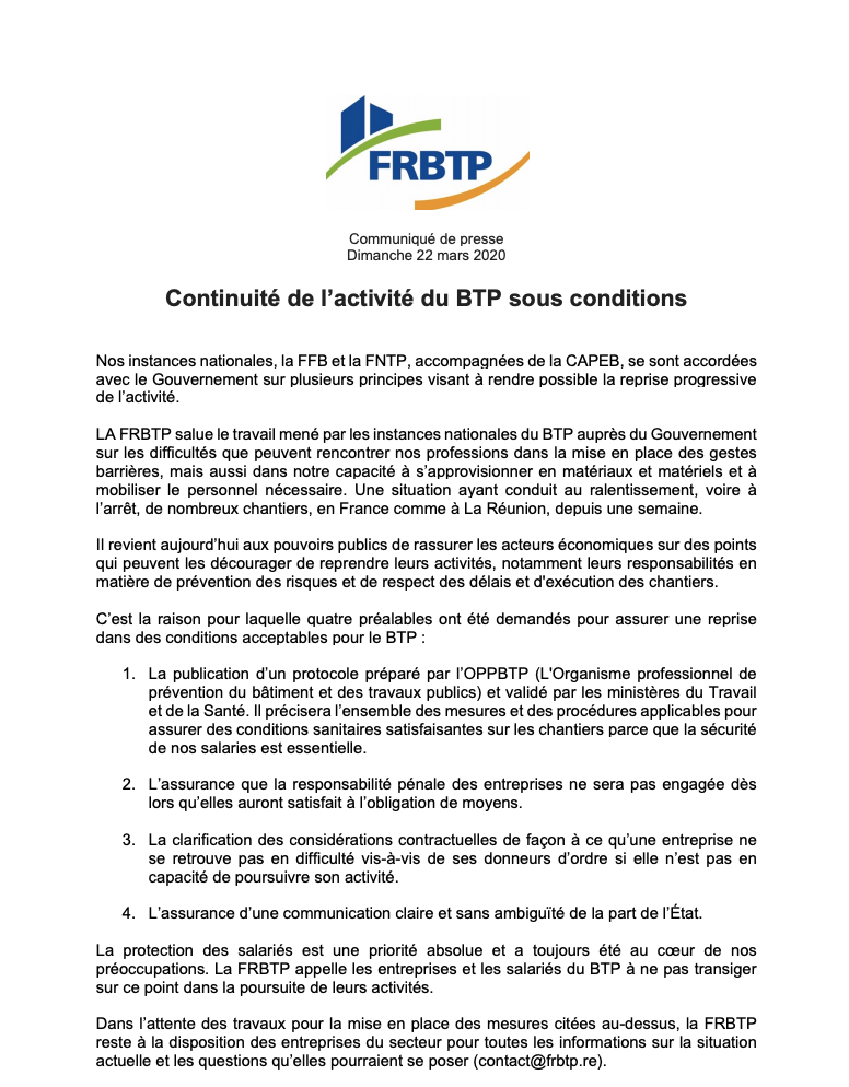 La FRBTP pose ses conditions pour la reprise d’activité