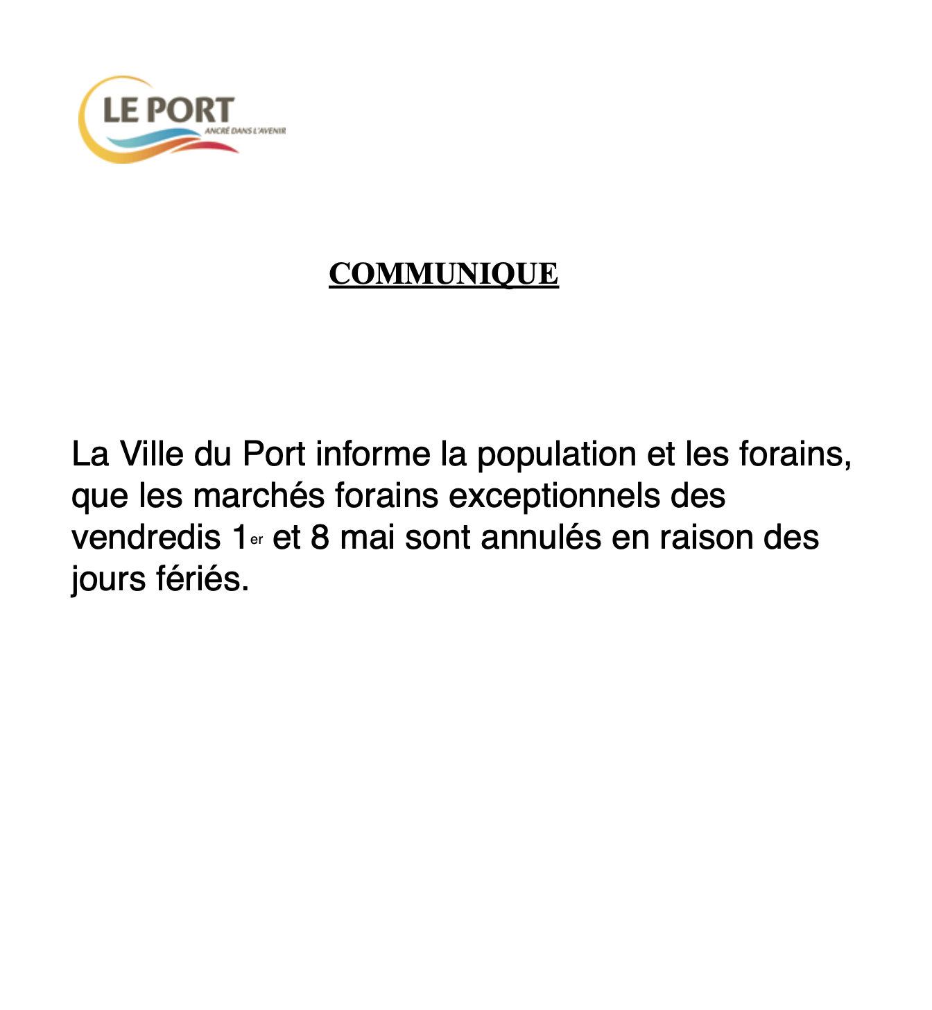 Le Port : Annulation des marchés forains le 1er et 8 mai