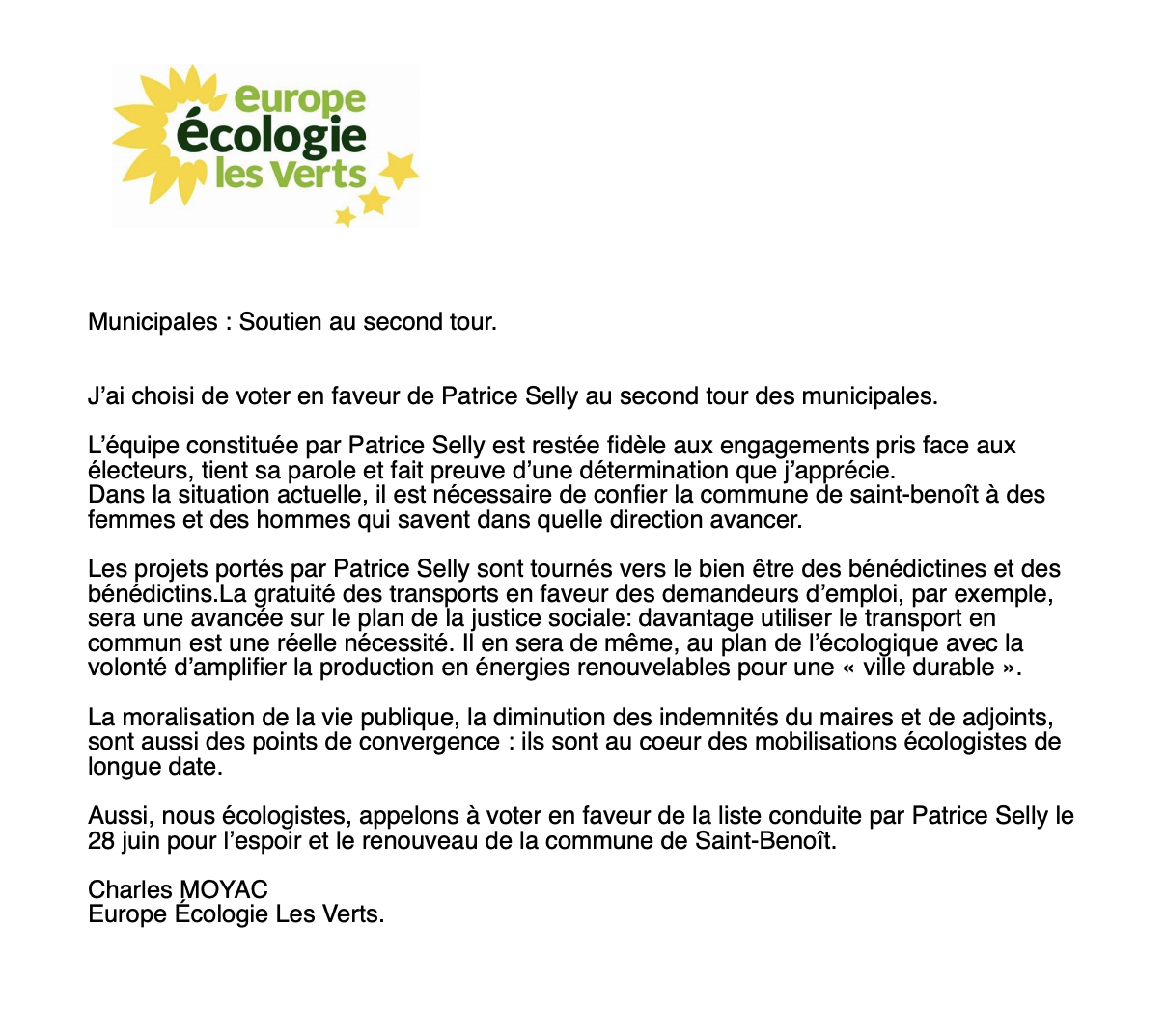 EELV appelle à soutenir Patrice Selly à St-Benoît