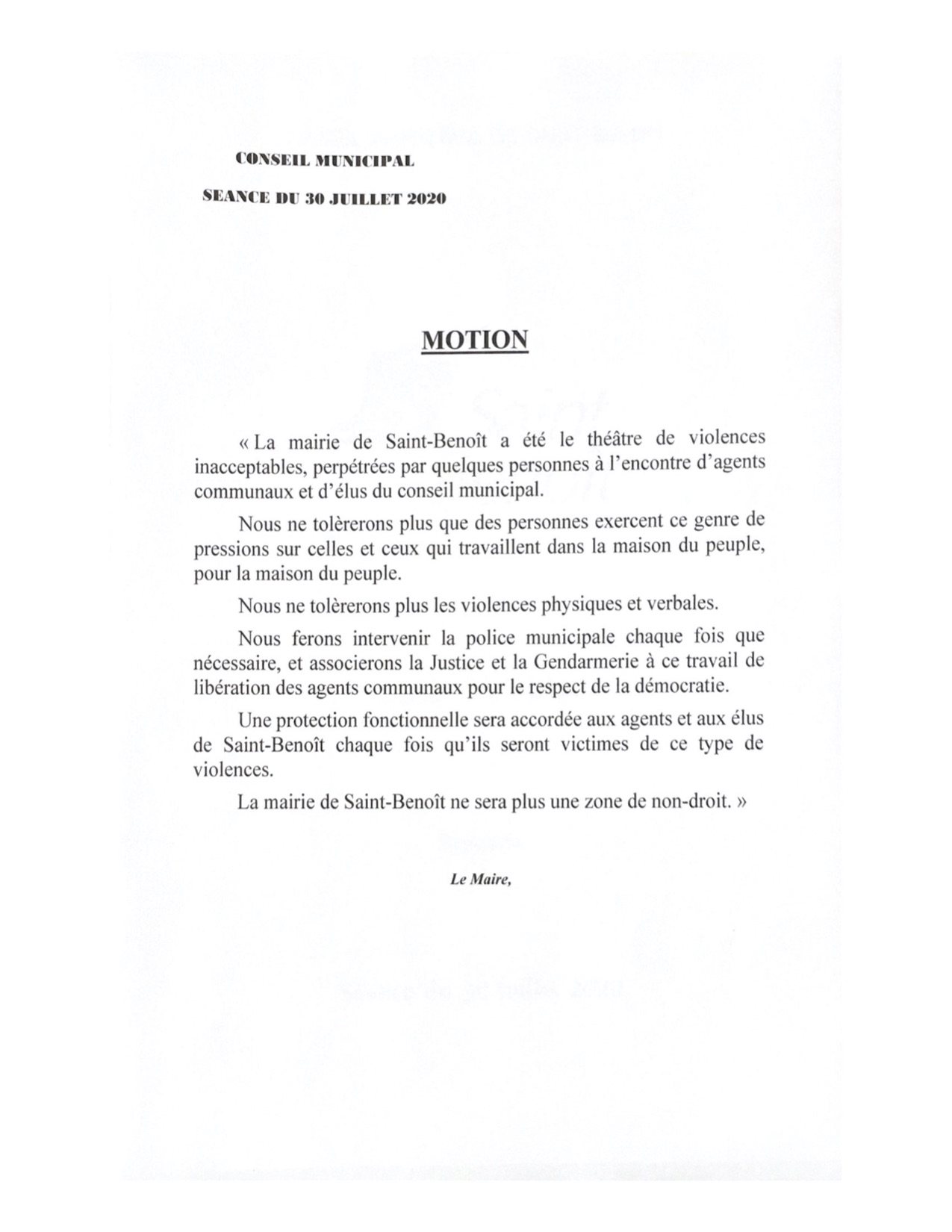 Après des menaces reçues par des agents et des adjoints: Une plainte déposée par la mairie de St-Benoît