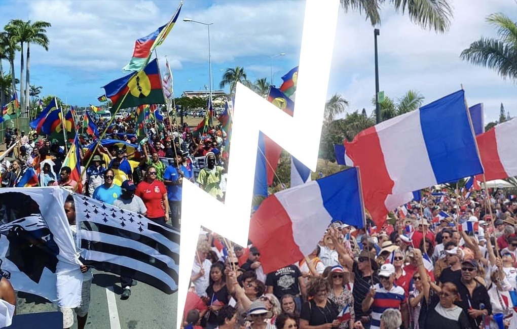 A gauche, les sympathisants du FLNKS, partisans du vote OUI à l'indépendance, lors d'une manifestation le 20 septembre où les drapeaux de Corse étaient également de sortie. A droite,  les partisans du NON lors du lancement de leur campagne le 19 juillet