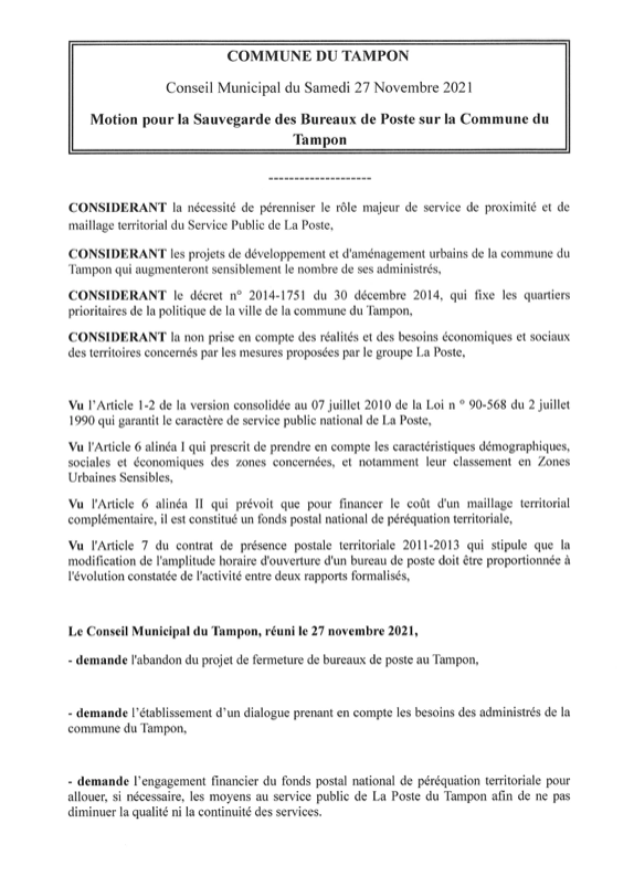 Conseil Municipal de la Commune du Tampon du samedi 27 novembre 2021