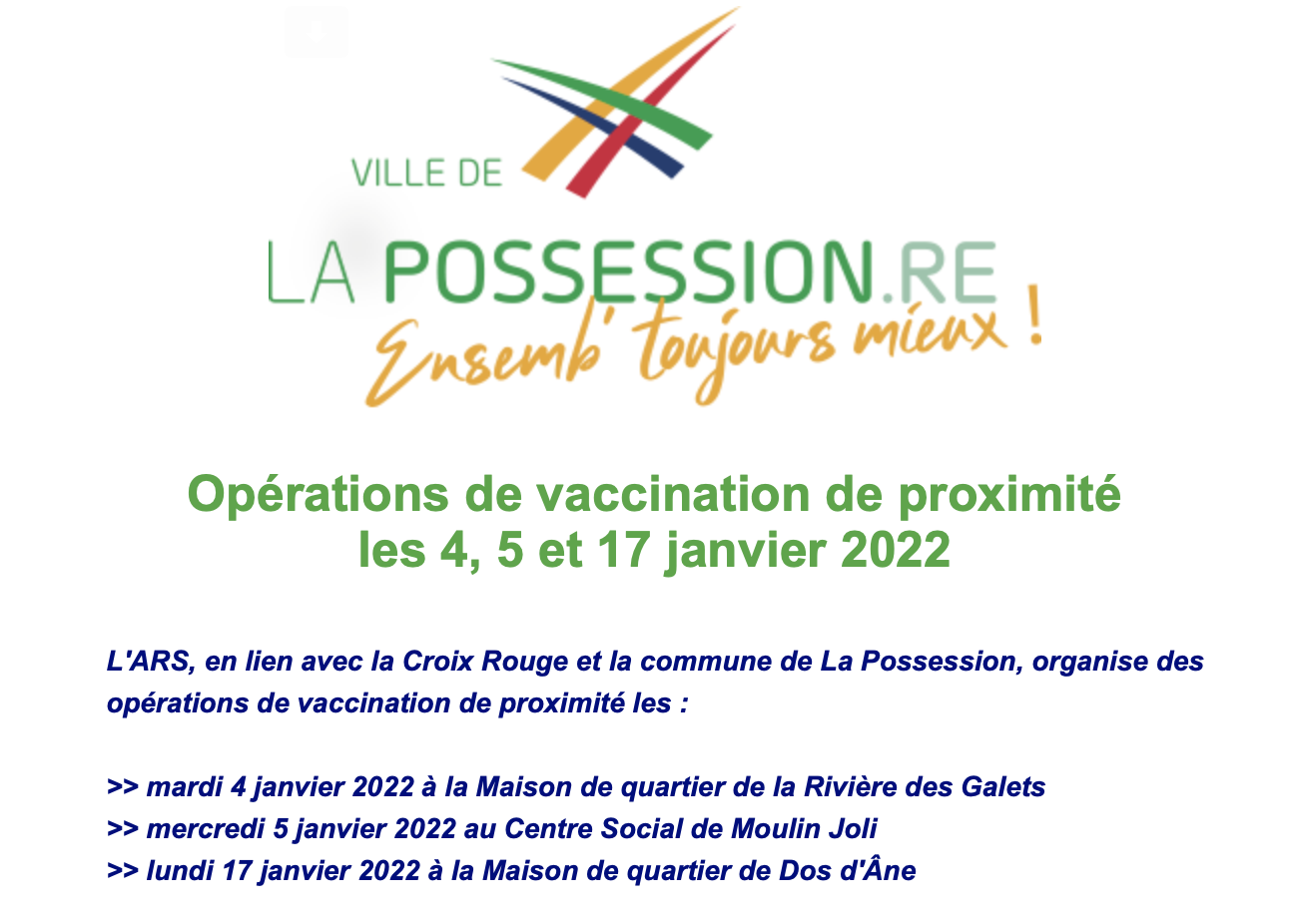 Covid : Les dates et lieux des opérations de vaccination de proximité à La Possession