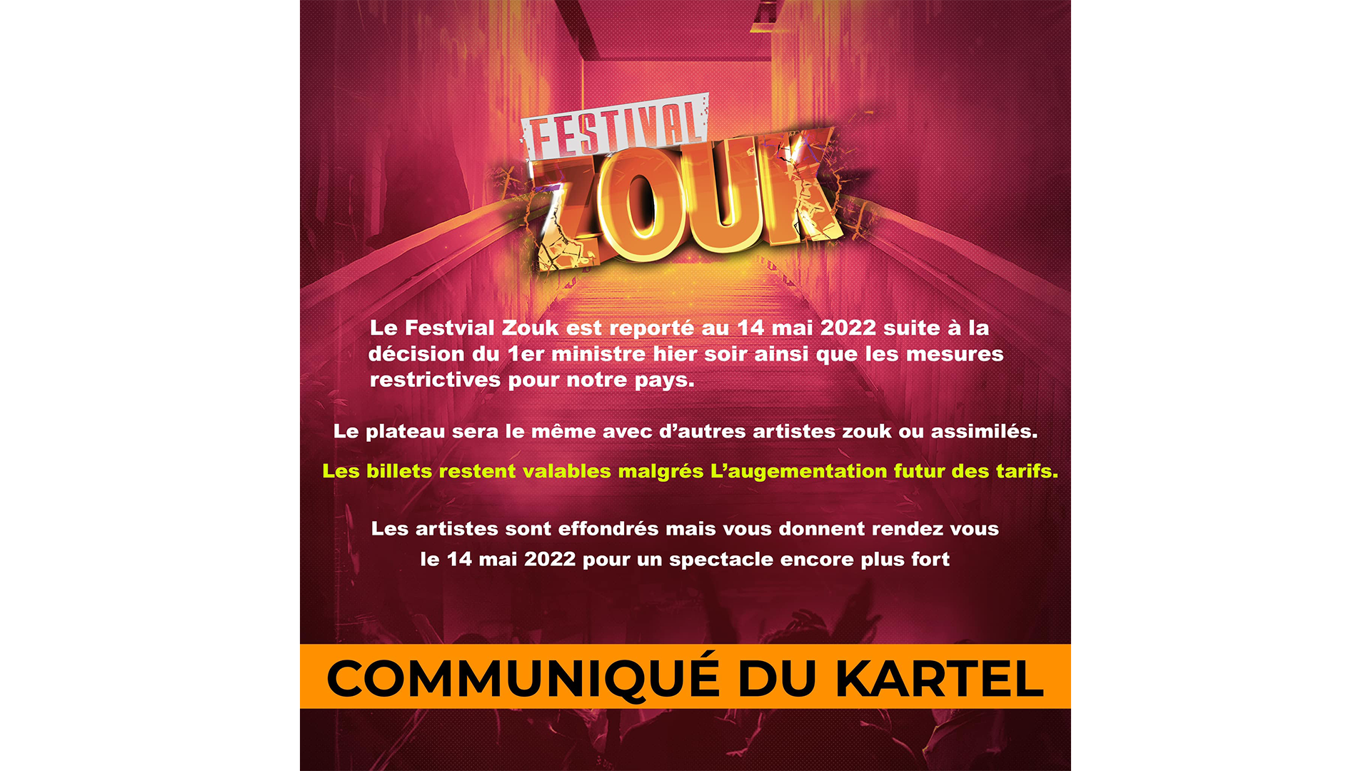 Le Festival Zouk reporté au 14 mai 2022